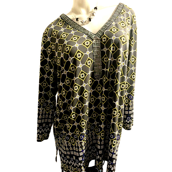Women’s JM Collection Charcoal Gray Boho Rhinestones Party Top in Size 18 20 1X - Picture 1 of 10